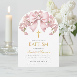 Convite Batismo de Menina Arco Rosa Floral Elegante Cruz D