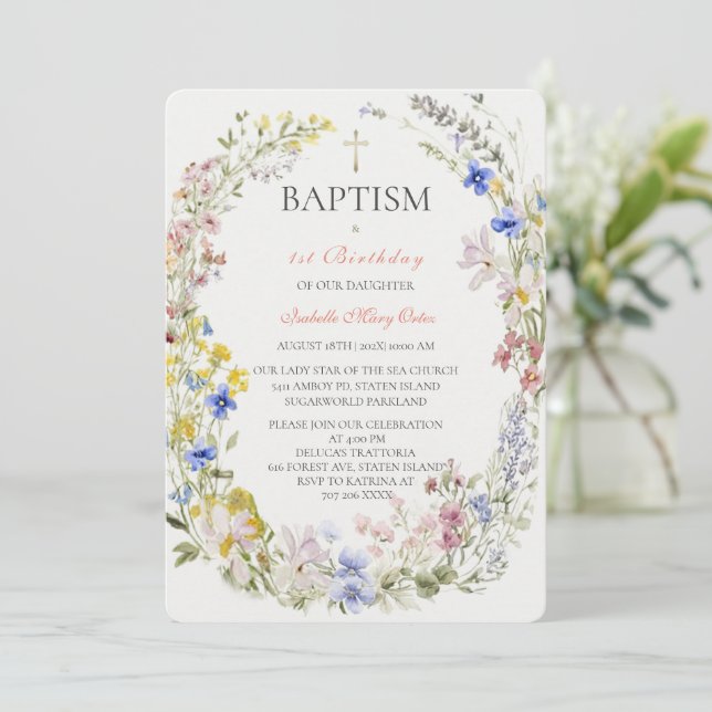 Convite Batismo de Menina Boho Flor Silvestre (Em pé/Frente)
