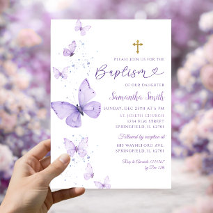Convite Batismo de Menina Borboleta Roxo Lilás Minimalista