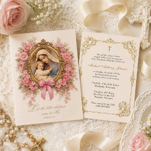 Convite Batismo de Menina Católica - Floral e Querubins