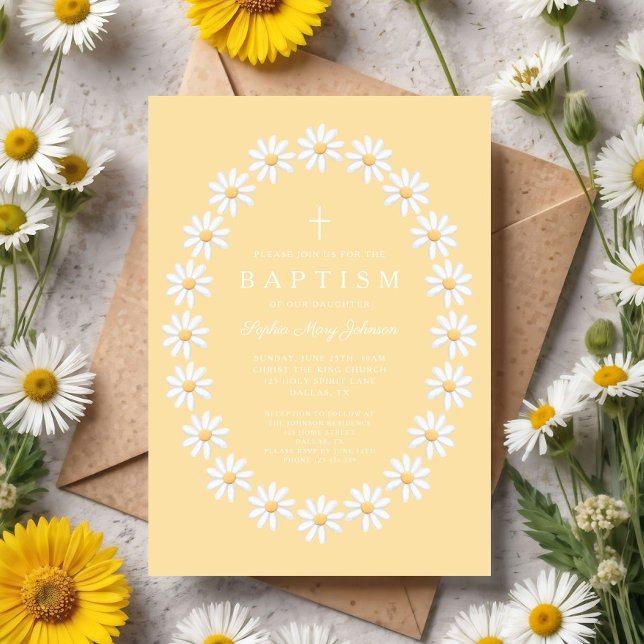 Convite Batismo de Menina com Margaridas Florais Modernas (Modern Floral Daisies Girl Baptism Invitation)