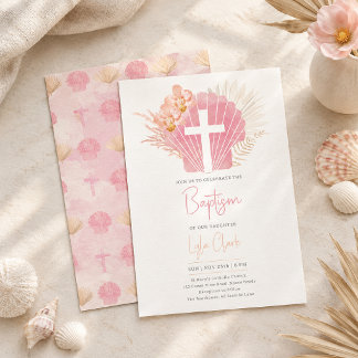 Convite Batismo de Menina | Cruz Boho Rosa com Concha
