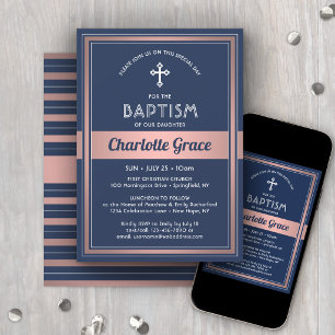 Convite Batismo de Menina Elegante Azul Rosa Dourado