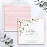 Convite Batismo de Menina Floral em Aquarela Rosa Elegante<br><div class="desc">Convite quadrado moderno e elegante para o Santo Batismo, apresentando um buquê floral de rosas suaves e aquarelas em tons de rosa, pêssego e branco, com folhas botânicas verdes exuberantes em tons de amor e eucalipto, e delimitadas em rosa. Personalize os detalhes em preto suave, acentuados com uma bela caligrafia...</div>