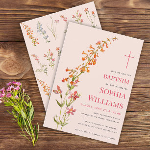 Convite Batismo de Menina Floral Rosa Aquarela Flores Silv