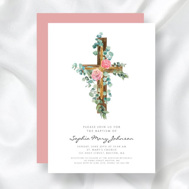 Convite Batismo de Menina Floral Rosa Religiosa (Religious Cross Pink Floral Girl Baptism Invitation)