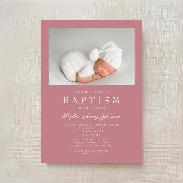 Convite Batismo de Menina Moderno Rosa Desbotado com Foto (Dusty Pink Modern Girl Photo Baptism Invitation)