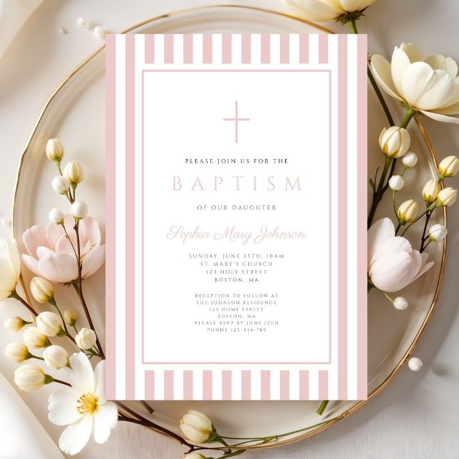 Convite Batismo de Menina Rosa Bege Elegante (Elegant Blush Pink Girl Baptism Invitation)