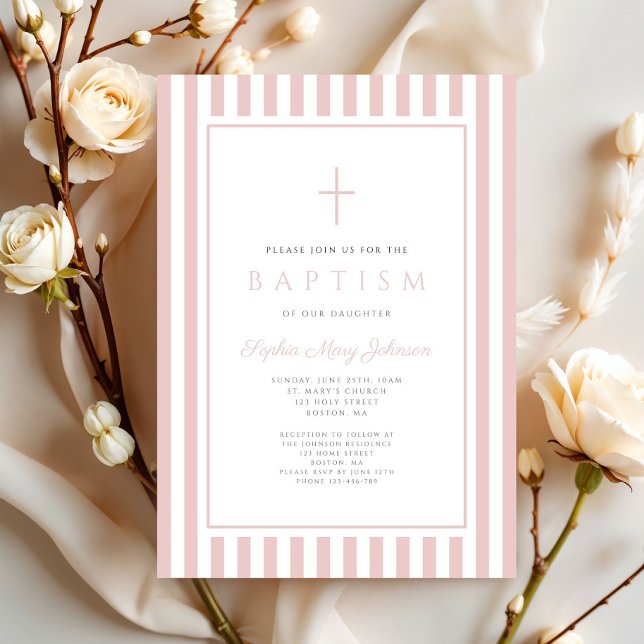 Convite Batismo de Menina Rosa Elegante (Elegant Blush Pink Girl Baptism Invitation)