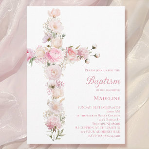 Convite Batismo de menina rosa floral cruz 