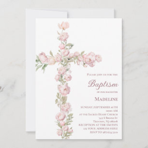 Convite Batismo de menina rosa peônias floral cruz