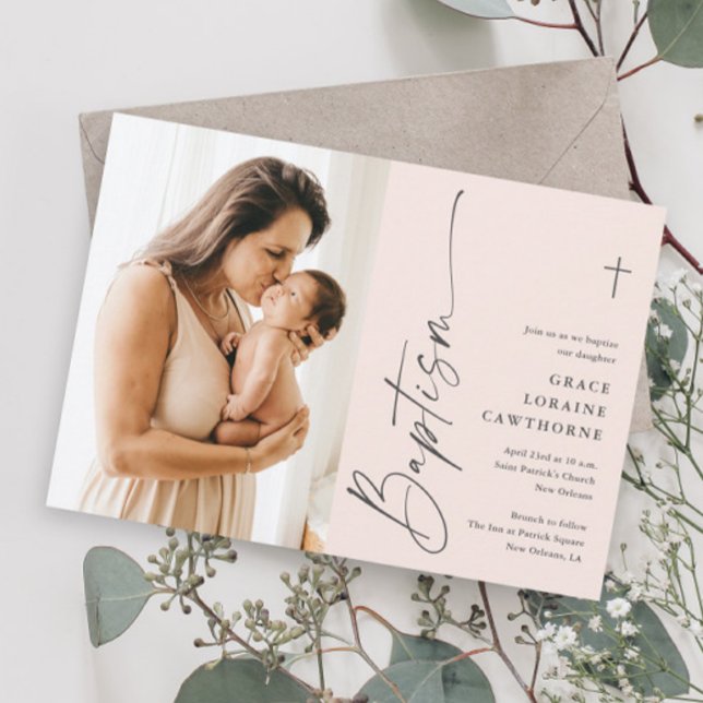 Convite Batismo de Meninas com Roteiro Elegante Moderno (Modern script girls photo baptism invitations.)