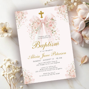 Convite Batismo de meninas laço rosa elegante floral igrej