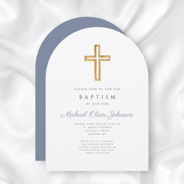 Convite Batismo de Menino Azul com Manchas Religiosas (Religious Cross Dusty Blue Script Boy Baptism Invitation)