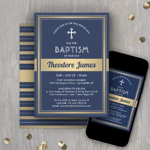 Convite Batismo de Menino Elegante Azul Marinho e Dourado
