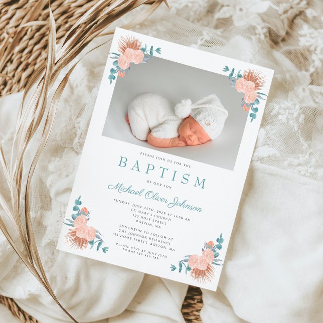 Convite Batismo de Menino Elegante Floral Foto (Floral Elegant Boy Photo Baptism Invitation)