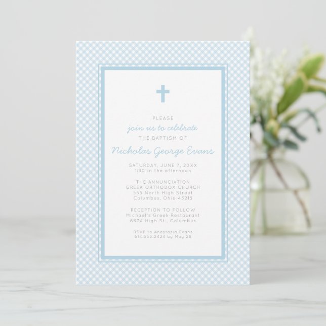 Convite Batismo de menino em azul xadrez (Em pé/Frente)