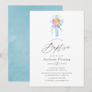 Convite Batismo de Menino Floral em Aquarela Pastel