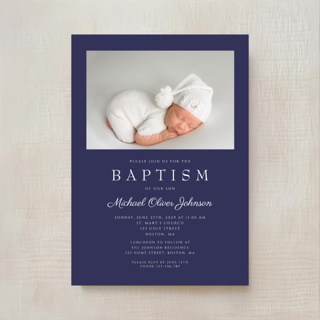 Convite Batismo de Menino Moderno Azul Marinho Foto (Navy Blue Modern Boy Photo Baptism Invitation)