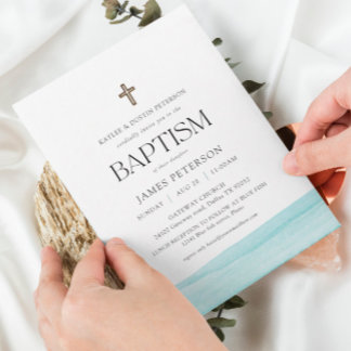 Convite Batismo de Menino Moderno de Aquarela Azul