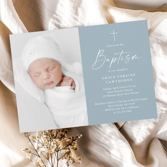 Convite Batismo de Meninos em Azul Poento com Roteiro Mode (Modern script dusty blue baby photo baptism invitation.)