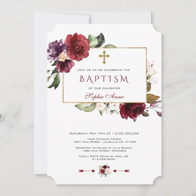 Convite Batismo de Moldura Floral Rosa-impermeável (Frente)