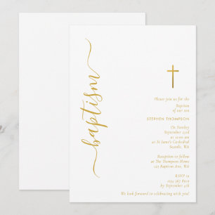 Convite Batismo de Natal branco e Dourado de Script Modern