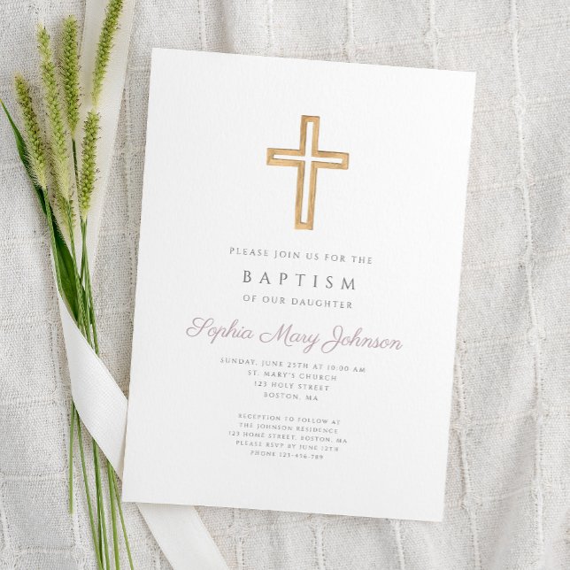 Convite Batismo de Rapariga Roxo Religiosa (Religious Cross Purple Script Girl Baptism Invitation)