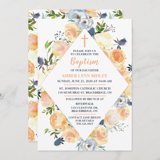 Convite Batismo de Rosa e Thistle Baby e Brunch (Frente/Verso)