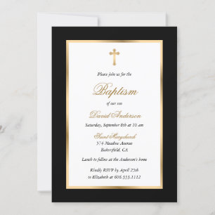 Convite Batismo de Script Cruzado Negro e Dourado