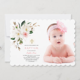 Convite Batismo Delicado de Fotografia da Magnolia Branca