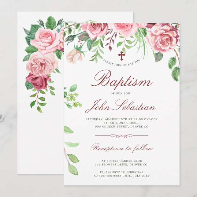 Convite Batismo do Jardim das Rosas Rosa Elegante da Aquar (Frente/Verso)