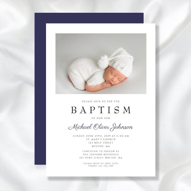 Convite Batismo do marinho Blue Elegante Photo Boy (Navy Blue Elegant Photo Boy Baptism Invitation)