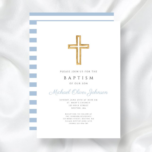 Convite Batismo do Menino Azul do Bebê Cruz Religiosa (Religious Cross Baby Blue Script Boy Baptism Invitation)