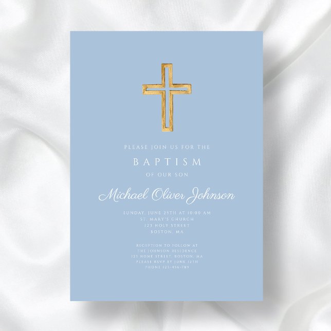 Convite Batismo do Menino Azul do Bebê Cruz Religiosa (Religious Cross Baby Blue Script Boy Baptism Invitation)