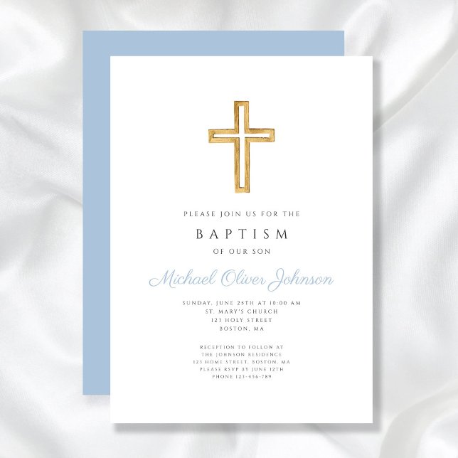 Convite Batismo do Menino Azul do Bebê Cruz Religiosa (Religious Cross Baby Blue Script Boy Baptism Invitation)