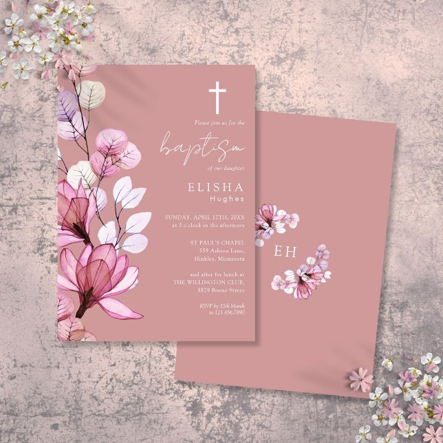 Convite Batismo do Monograma Floral Transparente com Rosa  (Dusty Rose Transparent Floral Monogram Baptism Invitation)