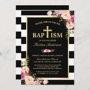 Convite Batismo - Douradas Florais Elegantes Grelhas Branc