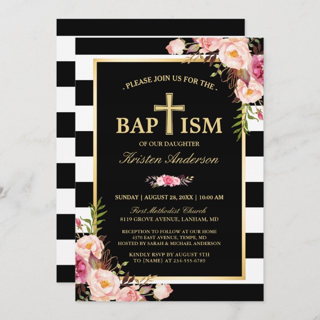 Convite Batismo - Douradas Florais Elegantes Grelhas Branc (Frente/Verso)