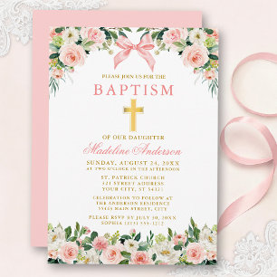 Convite Batismo Dourado Arco Floral Rosa Aquarela