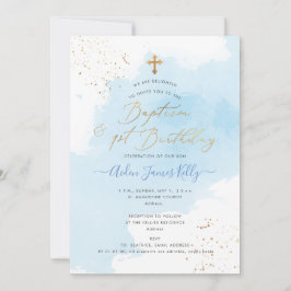 Convite Batismo Dourado com Aquarela Azul+primeiro anivers