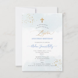 Convite Batismo Dourado com Aquarela Azul+primeiro anivers
