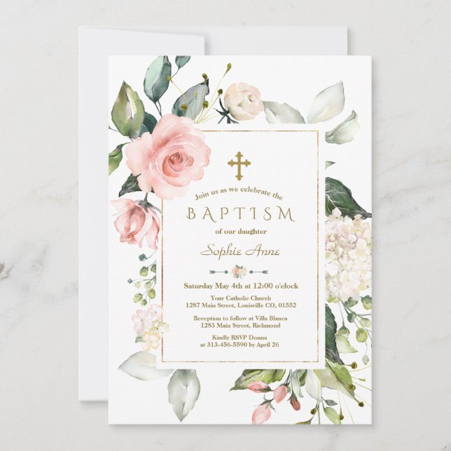 Convite Batismo Dourado com Creme Blush Cor-de-rosa (Frente)