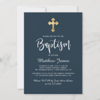 Batismo Dourado Cruz Marinho Azul com Script Moder