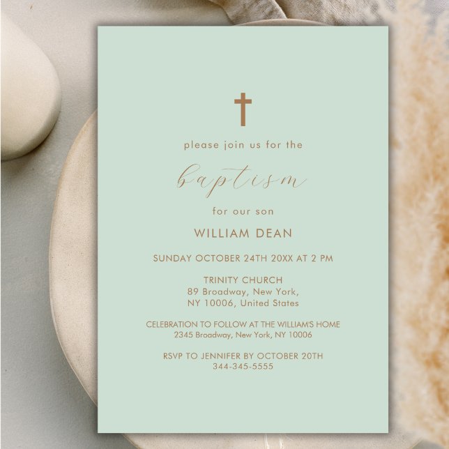 Convite Batismo Dourado Cruzado com Boho, Script Moderno V (Green Modern Script Boho Gold Cross Baptism Invitation)