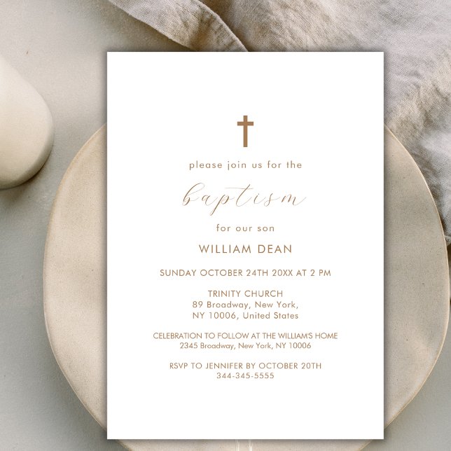 Convite Batismo Dourado Cruzado de Boho Moderno (Modern Script Boho Gold Cross Baptism Invitation)