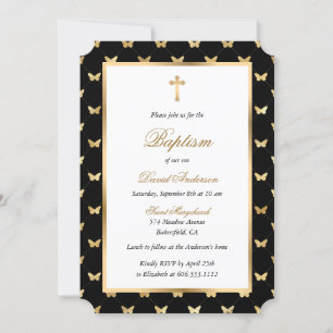 Convite Batismo Dourado Cruzado Elegante de Borboleta Pret