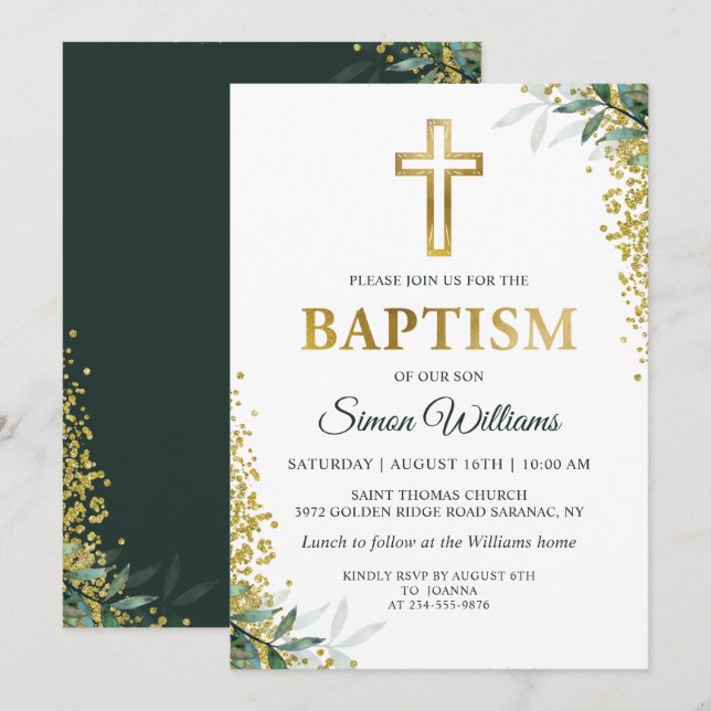 Convite Batismo Dourado da Cruz Verde Moderna (Frente/Verso)