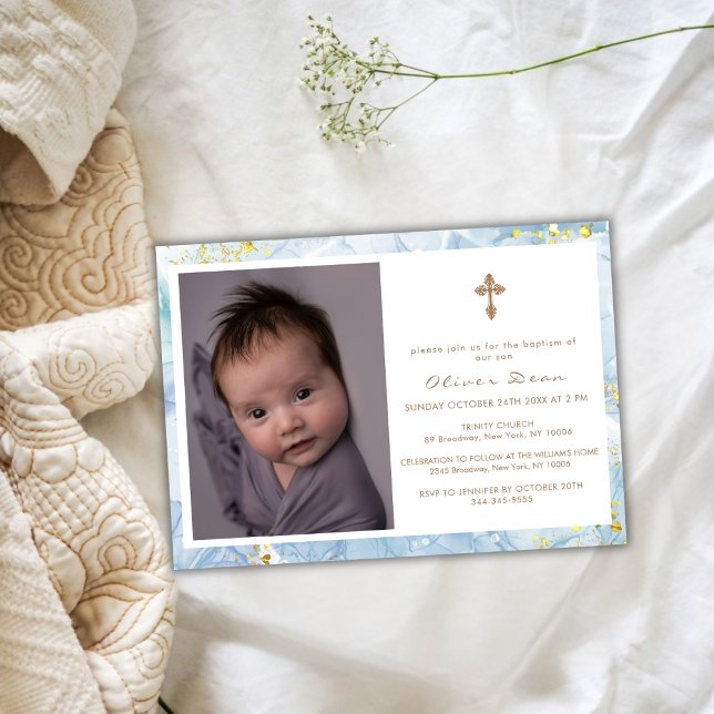 Convite Batismo Dourado de Cristo Azul Elegante Foto: Cros (Elegant Blue Agate Photo Gold Cross Boy Baptism Invitation)