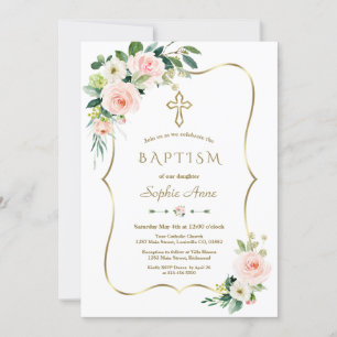 Convite Batismo Dourado do Bloom Floral Branco Elegante